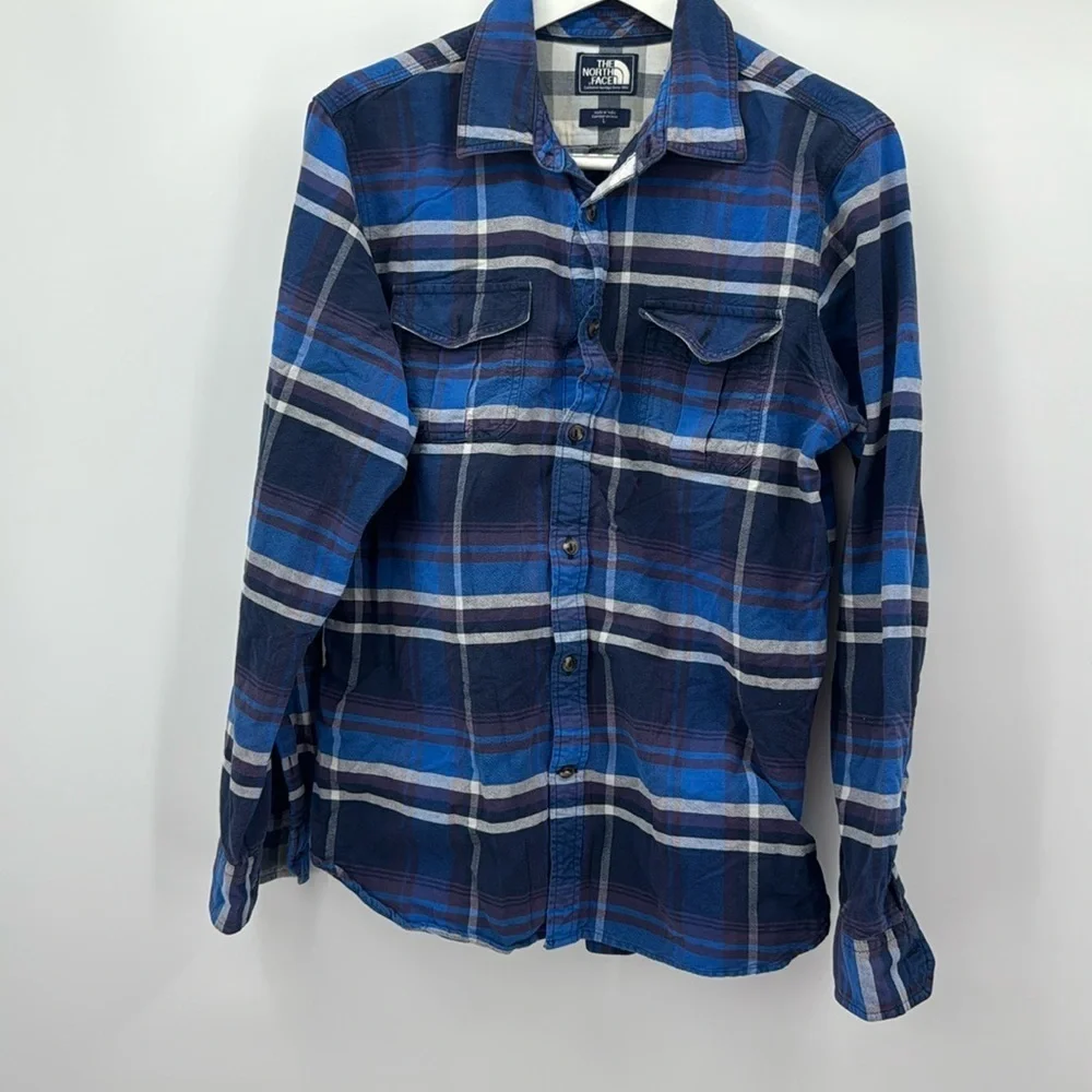 The North Face Plaid Button Up Shirt 100% Cotton Rust Blue Mens L